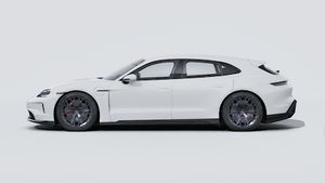 Die Außenansicht von Taycan GTS Sport Turismo zeigt die linke Seite des Fahrzeugs