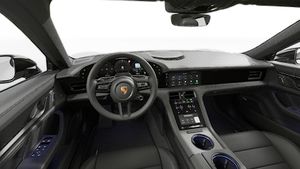 Vista interior que muestra el volante y el salpicadero de Taycan 4S Black Edition