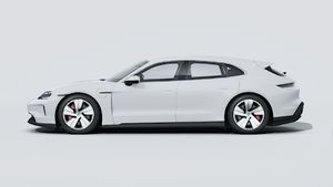 Taycan 4S Sport Turismo välisvaade, auto vasakpoolne külg.