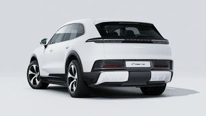 Exterior view of Cayenne S Electric showing the back and left side of the car