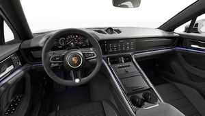 Interior view showing the steering wheel and dashboard of Panamera 4S E-Hybrid