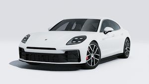 Vue extérieure de Panamera 4S E-Hybrid montrant l'avant et le côté gauche de la voiture