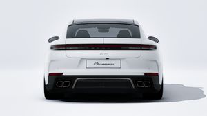 Exterior view of Panamera Turbo E-Hybrid showing the rear of the car