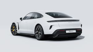 Exterior view of Taycan Turbo S showing the back and left side of the car