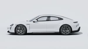 Exterior view of Taycan Turbo showing the left side of the car