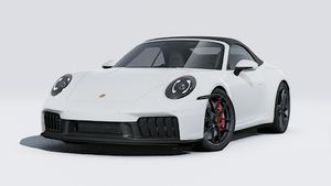 Exterior view of 911 Carrera 4 GTS Cabriolet showing the front and left side of the car