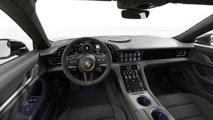 Interior view showing the steering wheel and dashboard of Taycan 4S Black Edition