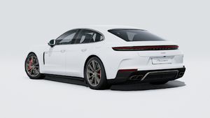 Exterior view of Panamera Turbo E-Hybrid showing the back and left side of the car