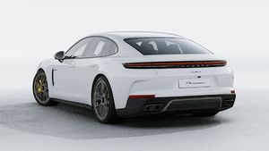 Exterior view of Panamera Turbo S E-Hybrid showing the back and left side of the car