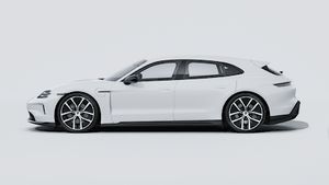 Vista esterna di Taycan Sport Turismo Black Edition che mostra il lato sinistro della vettura