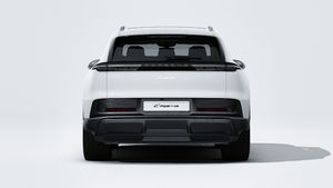 Exterior view of Cayenne Electric showing the rear of the car
