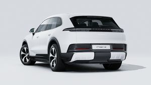 Exterior view of Cayenne S Electric showing the back and left side of the car