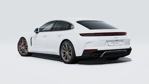 Exterior view of Panamera Turbo E-Hybrid showing the back and left side of the car