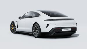Exterior view of Taycan Turbo S showing the back and left side of the car