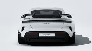 Exterior view of Taycan Turbo GT with Weissach Package showing the rear of the car