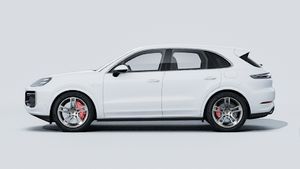 Exterior view of Cayenne Turbo E-Hybrid showing the left side of the car