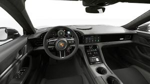 Interior view showing the steering wheel and dashboard of Taycan Turbo GT with Weissach Package