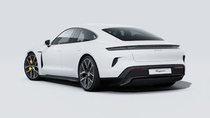 Exterior view of Taycan Turbo S showing the back and left side of the car