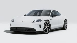 Išorinis Taycan Black Edition vaizdas, kuriame matomas automobilio priekis ir kairysis šonas