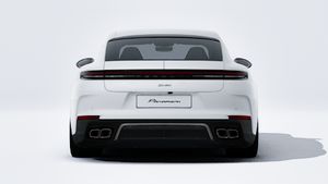 Exterior view of Panamera Turbo E-Hybrid showing the rear of the car