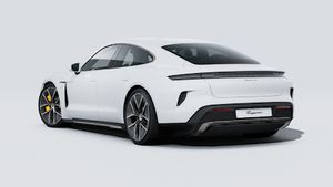 Exterior view of Taycan Turbo S showing the back and left side of the car