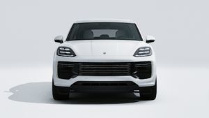Buitenaanzicht van Cayenne Turbo E-Hybrid met de voorkant van de auto