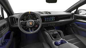 Binnenaanzicht van het stuur en het dashboard van Cayenne Turbo E-Hybrid Coupé with GT Package