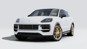 Buitenaanzicht van Cayenne Turbo E-Hybrid Coupé with GT Package met de voorkant en linkerkant van de auto
