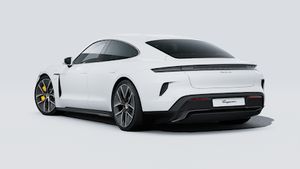 Exterior view of Taycan Turbo S showing the back and left side of the car
