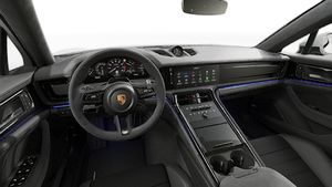 Interior view showing the steering wheel and dashboard of Panamera GTS