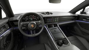 Interior view showing the steering wheel and dashboard of Panamera 4S E-Hybrid