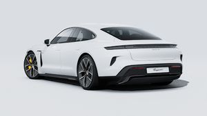 Exterior view of Taycan Turbo S showing the back and left side of the car