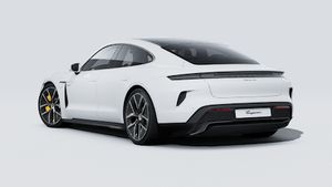 Exterior view of Taycan Turbo S showing the back and left side of the car