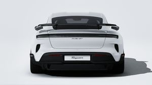 Exterior view of Taycan Turbo GT with Weissach Package showing the rear of the car