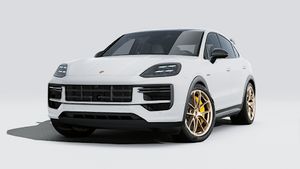 Exterior view of Cayenne Turbo E-Hybrid Coupé with GT Package showing the front and left side of the car