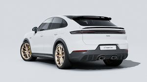 Exterior view of Cayenne Turbo E-Hybrid Coupé with GT Package showing the back and left side of the car