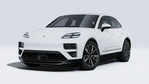 Exterior view of Macan Turbo Electric showing the front and left side of the car