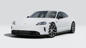 Taycan 4 Black Edition的外部視圖顯示汽車的前部和左側
