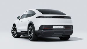Exterior view of Cayenne Coupe Electric showing the back and left side of the car