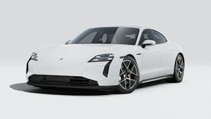 Exterior view of Taycan Turbo showing the front and left side of the car