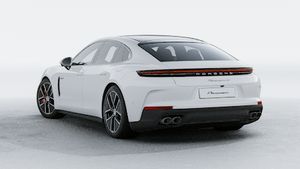 Exterior view of Panamera 4S E-Hybrid showing the back and left side of the car
