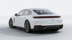 Exterior view of Panamera Turbo S E-Hybrid showing the back and left side of the car