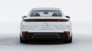 Exterior view of Panamera Turbo S E-Hybrid showing the rear of the car