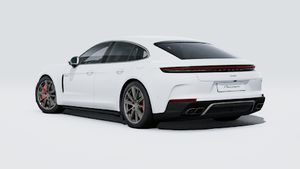 Exterior view of Panamera Turbo E-Hybrid showing the back and left side of the car
