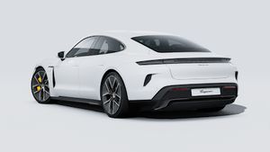 Exterior view of Taycan Turbo S showing the back and left side of the car