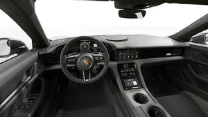 Interior view showing the steering wheel and dashboard of Taycan Turbo GT with Weissach Package