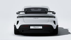 Exterior view of Taycan Turbo GT with Weissach Package showing the rear of the car